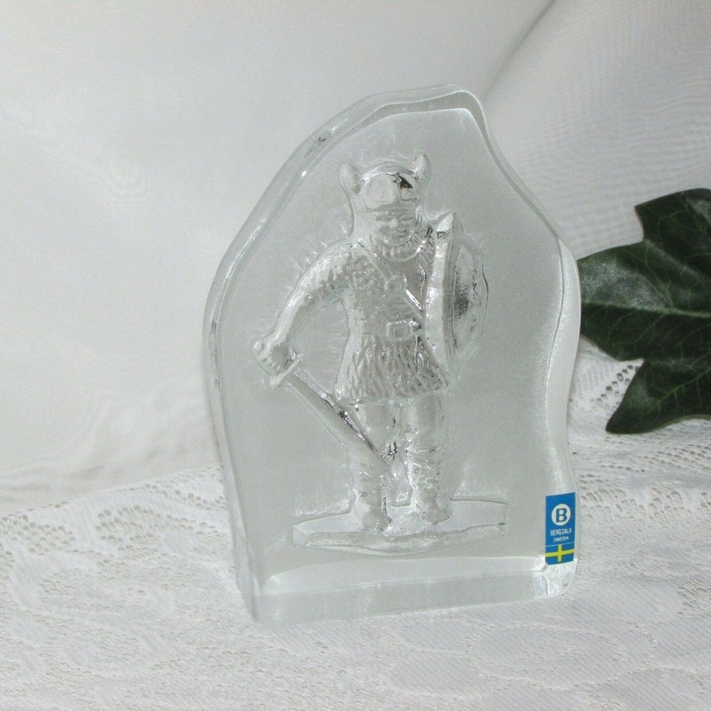 1960s Bergdala Sweden Art Glass Viking Warrior Crystal Paperweight Vintage Decor